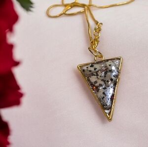 Dalmatian Jasper Triangle Pendant Necklace | Reversible Glitter Resin | 20” 18K